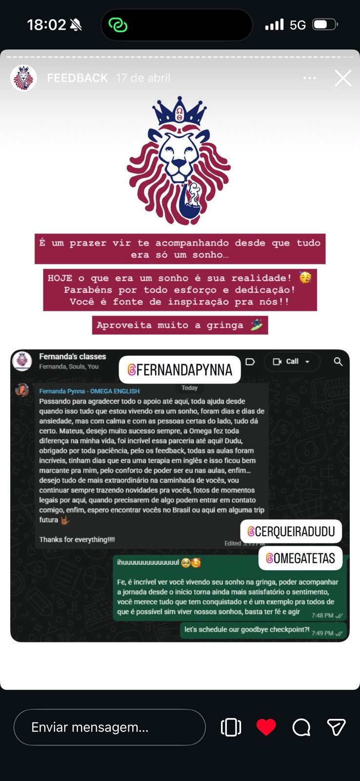 Depoimento de @fernandapynna, aluno da Omega English